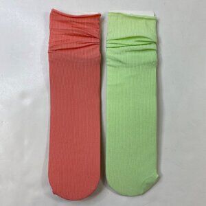 Womens Crew Socks Set 2 Coral Orange Green Soft Ribbed Knit